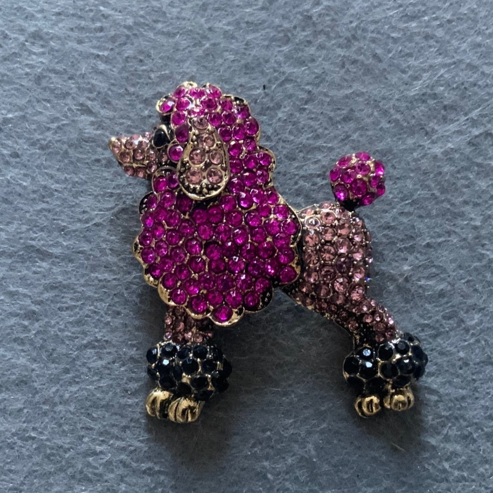 Pink Poodle Rhinestone Brooch Pin Gold Tone Crystal Animal Dog Jewelry Pendant